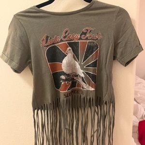 Forever21 Olive Green Distressed Fringe Band Shirt